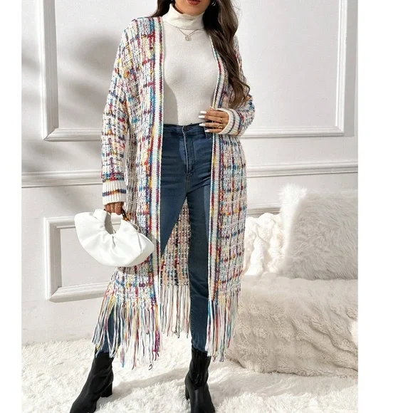Plus Multicolor Fringe Hem Open Front Long Cardigan - Picture 3 of 7
